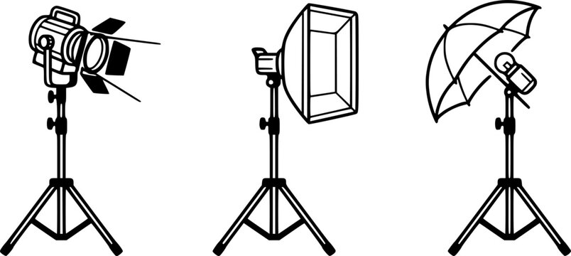 Studio lighting equipment vector icons set: spotlight, softbox, umbrella light
