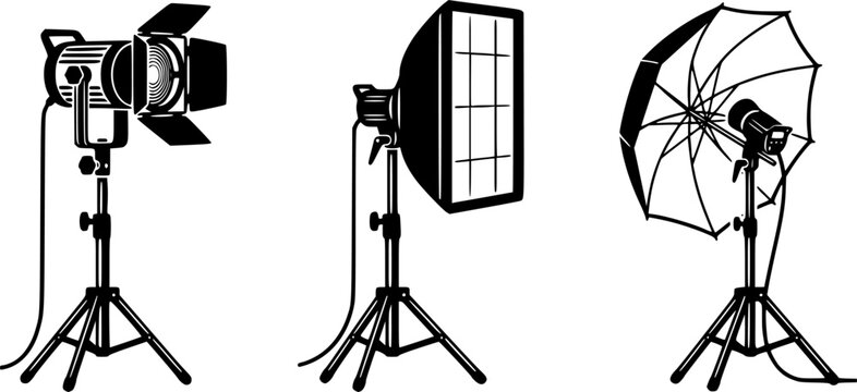 Studio lighting equipment vector icons set: spotlight, softbox, umbrella light
