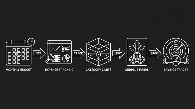 Financial planning process workflow infographic featuring white line icons for budgeting tracking limits surplus and savings target on a dark minimalist background