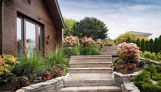entrance to the house with private garden and stone pathway staird