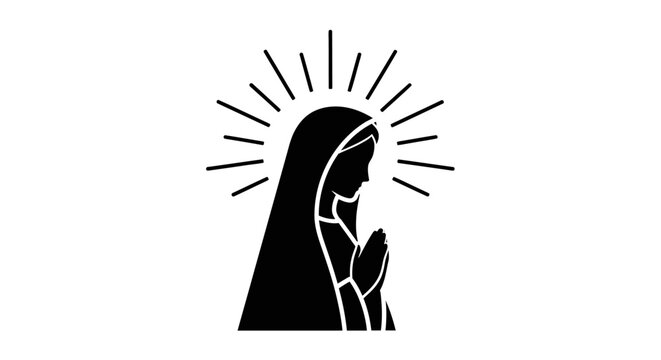 Minimalist black silhouette of the Virgin Mary praying.