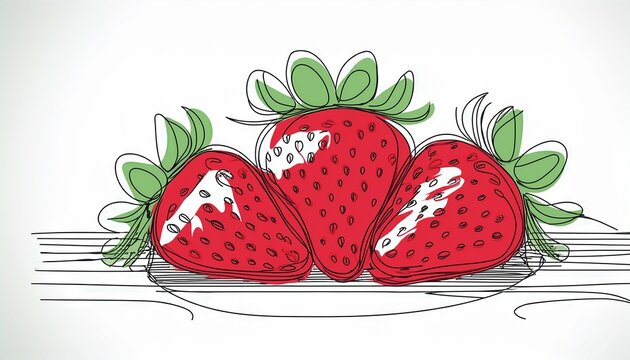 continuous one line drawing strawberry fruit with red and green spots farmer market logo concept abstract hand drawn berry by one line minimalist line sketch on white background red strawberry