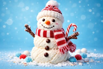 Fototapeta premium Cheerful frozen dessert snowman posed on a clean azure backdrop for winter festivity