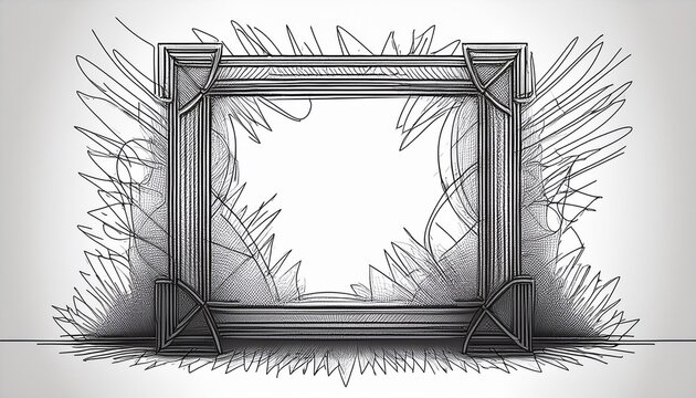 continuous one line drawing of an square frame in the sketch technique of a constant black outline grunge rough shapes imitating a trace of a pencil on a white bg