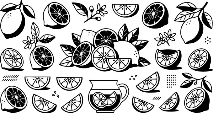 Citrus fruit collection, lemon slices and halves, flat vector illustration
