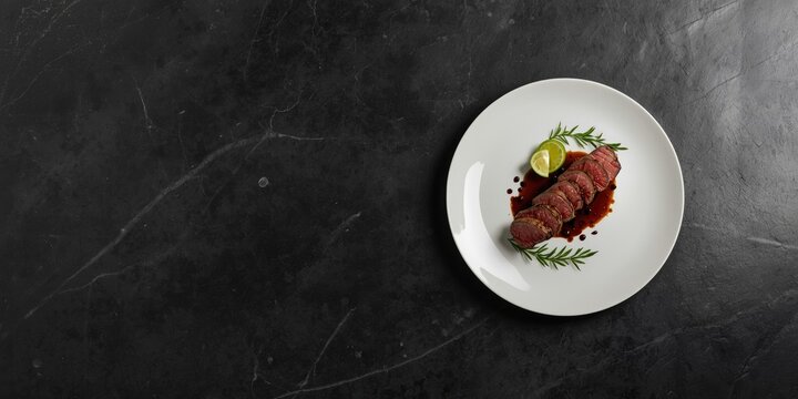 Charcoal grilled beef liver sliced on a plate with a smooth dark stone surface background and copy space