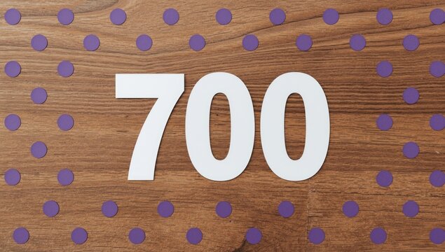 White Paper Cut Number 700 Against Wood Surface Violet Dots, Top View, Playful Design