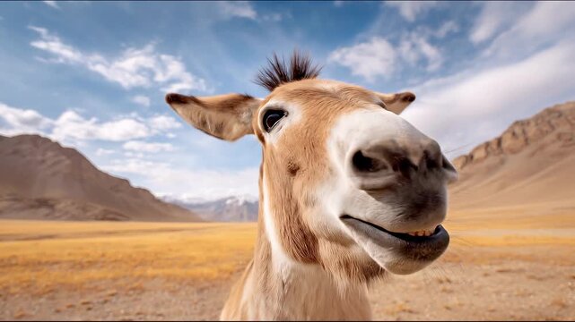 Cute donkey showing its teeth in beautiful mountain landscape with cloudy sky