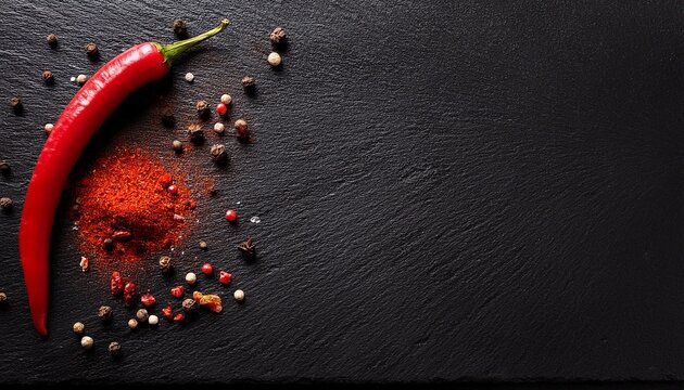 chili pepper on a black background with spices on a slate plate top view with copy space restaurant banner flyer advertising wallpaper