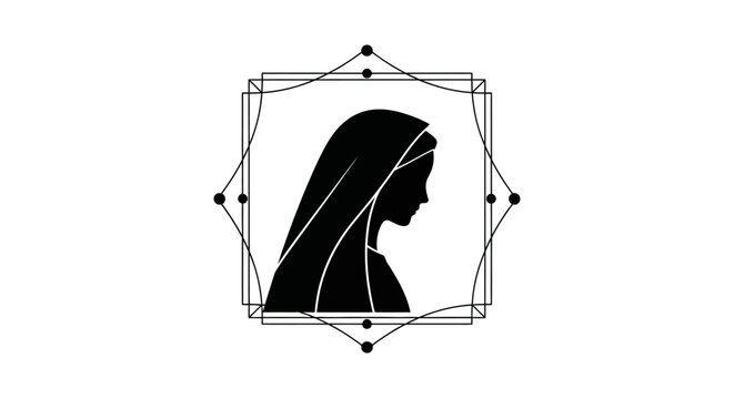 Minimalist silhouette of the Virgin Mary inside a decorative geometric frame.