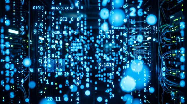 Abstract Digital Data Stream with Blue Glowing Numbers and Binary Code