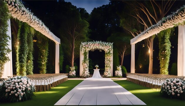 a wedding ceremony unfolds amidst a backdrop of lush greenery and blooming bouquets creating a picturesque scene for an outdoor garden celebration