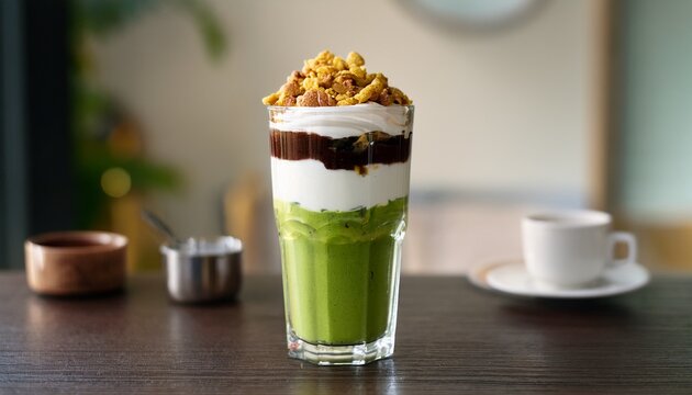 matcha parfait layered in a tall glass with matcha jelly cubes whipped cream red bean paste soft serve and crunchy cornflakes styled in a modern minimalist cafe