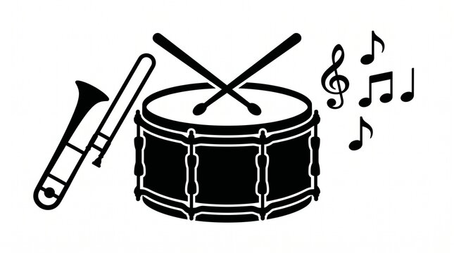 Juneteenth musical celebration icon with black silhouette of a festival parade drum crossed drumsticks trombone and floating music notes isolated on white background