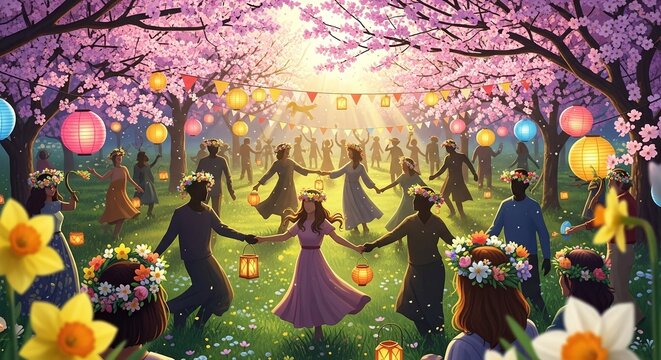 People dancing in blooming spring forest.