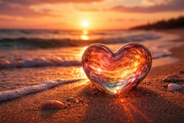 Fototapeta premium Sandy beach scene with heart shaped glass shimmering with sunset colors