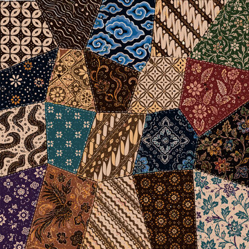 Tambal Patchwork Generasi Batik Collage Seamless Pattern, Indonesian Traditional Textile Mosaic, Kawung Parang Megamendung Truntum Ceplok Motifs, Colorful Quilted Heritage Scrapbook Design Art