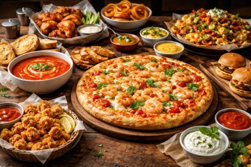 Fototapeta premium Full spread of savory snacks such as shrimp pizza and tomato soup on a wooden surface in a food establishment