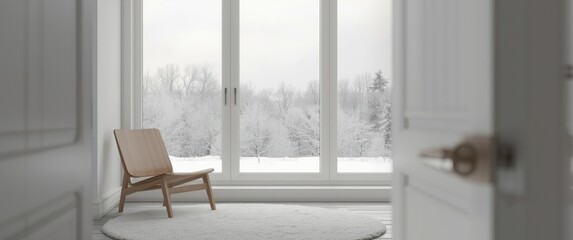 Fototapeta premium Clean white living area decorated in Scandinavian style with chair beside a window displaying winter outdoors