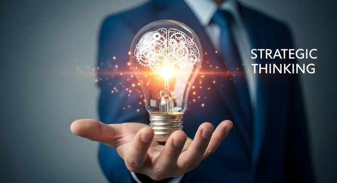 Man's hand holding light bulb with brain gears inside
