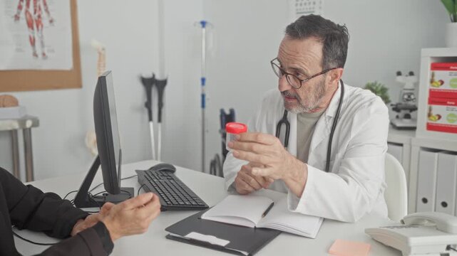 Doctor writing notes at desk with stethoscope and computer while patient holds specimen jar in clinic building; compassion trust.