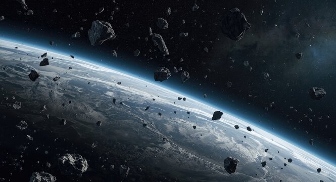 Asteroid belt with massive metallic rocks and debris drifting through cosmic space