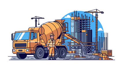 Construction Site Scene: A construction worker in a hard hat and safety vest stands proudly beside a concrete mixer truck. © abidakhatun