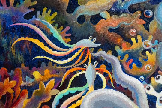 Painting on canvas abstract art original oil color under the sea, Fragment of artwork. Brushstrokes of paintings. Modern art. Contemporary art. Colorful texture. thick paint surface, Art background.