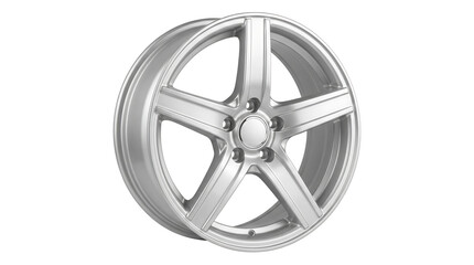 Obraz premium Close up of a silver alloy car wheel with five spokes and a central hub cap, isolated on a white background