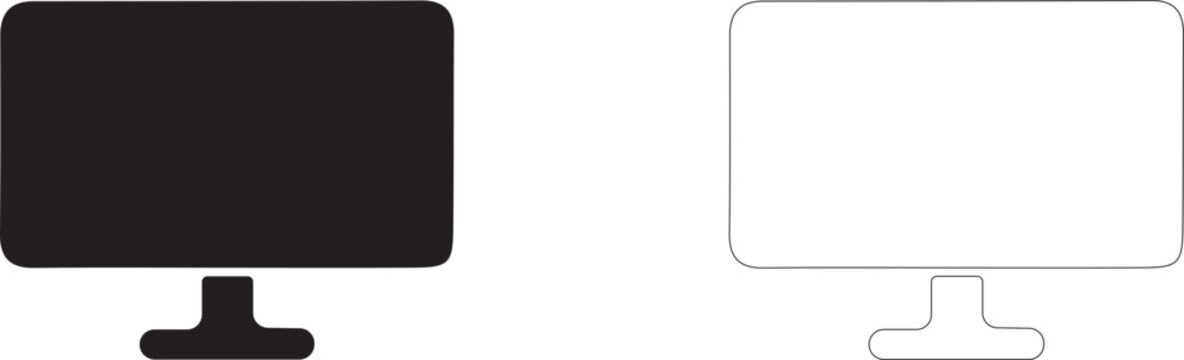 Computer monitor icon, LCD display symbol, TV screen, desktop PC, digital technology, office work and multimedia.
