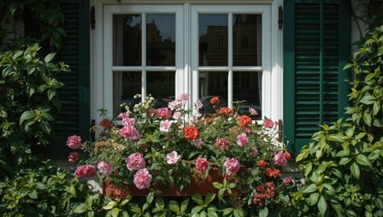 Fototapeta premium Cheerful daylight exterior window featuring vivid blossoms and lush green plants