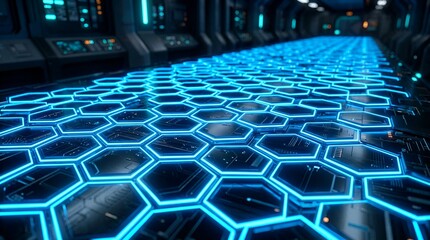 Naklejka premium Futuristic Sci-Fi Corridor with Glowing Blue Hexagons and Digital Data Flow