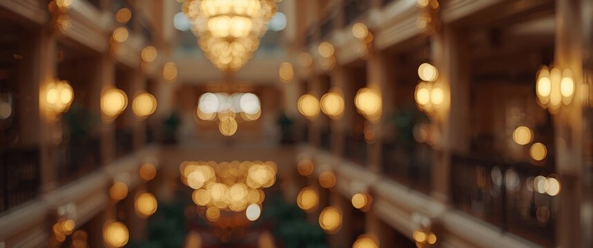 Blurred Luxury Hotel Atrium with Warm Bokeh Lighting Elegant Interior, Soft Focus