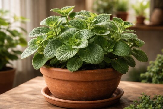 Focused image of healthy Plectranthus amboinicus with textured leaves planted in terracotta pot set before a softened indoor backdrop