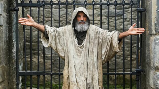 A man in a worn robe opens his arms wide while standing in front of a large stone gate in an old setting