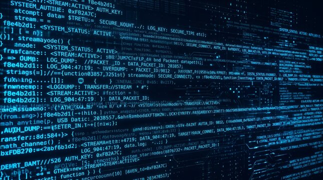 Abstract Blue Digital Data Stream with Code and Binary Information