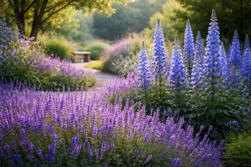 Obraz premium Serene garden view showcasing radiant lavender with tall blue flower spikes