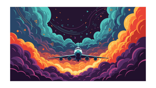 Airplane in a Psychedelic Sky: A commercial airplane flies through a surreal, vibrant sky filled with swirling clouds of orange, purple, and teal, interspersed with abstract celestial elements.