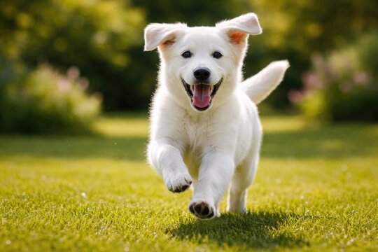 Delightful young white dog bounding happily across fresh green lawn in full length summer shot
