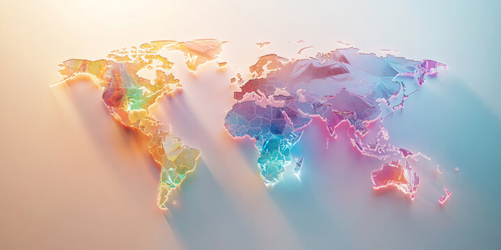 Stylized abstract world map illustration featuring a low-poly geometric design with colorful gradients and neon-like glowing effects.