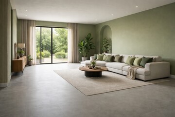 Fototapeta premium Spacious living room in green hues with smooth grey floor and room for sofa plus copy space