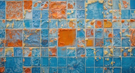 Naklejka premium A vibrant tile wall featuring blue coral orange and yellow hues with a smooth texture background