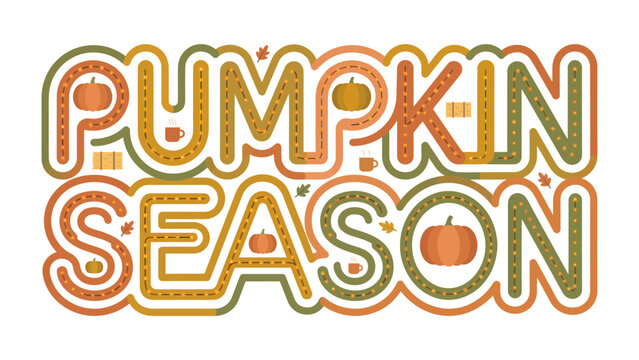 Pumpkin Season Typography: Vibrant, stylized text declares PUMPKIN SEASON with festive autumn colors and small pumpkin accents, evoking the spirit of fall and harvest celebrations.