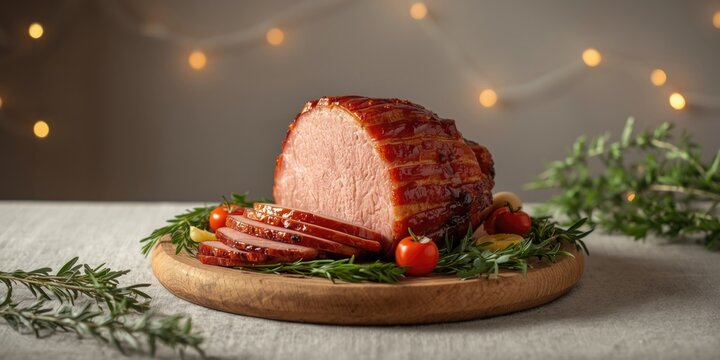 Homemade Easter Ham Plated with Herbs and Cherry Tomatoes Festive Table Setting, Warm Lights