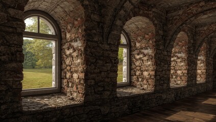 Obraz premium Castle hallway with a rustic stone wall and three arched windows revealing peaceful outdoor nature scenes