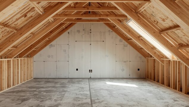 Attic Under Construction with Drywall and Wooden Beams Sunlit Interior, Clean Lines