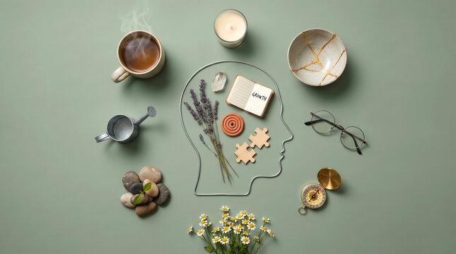 Calming flat lay with wellness objects representing balance, healing, focus, and mental growth