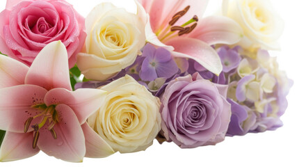 Fototapeta premium Mixed bouquet of roses and lilies isolated on black background