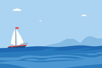 Naklejka premium Minimal sailboat illustration on calm ocean with blue mountains and peaceful marine background