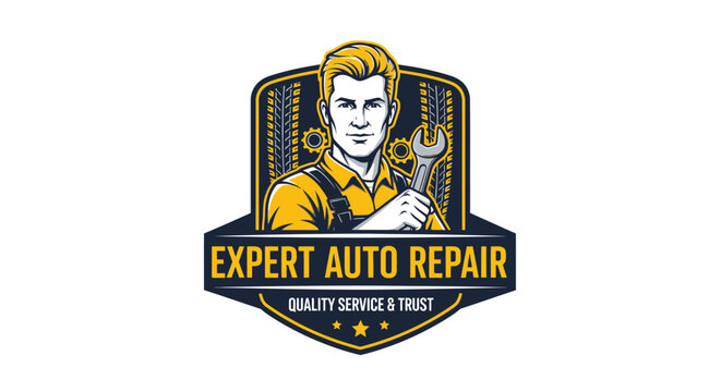 Mechanic holds wrench in front of logo for auto repair service